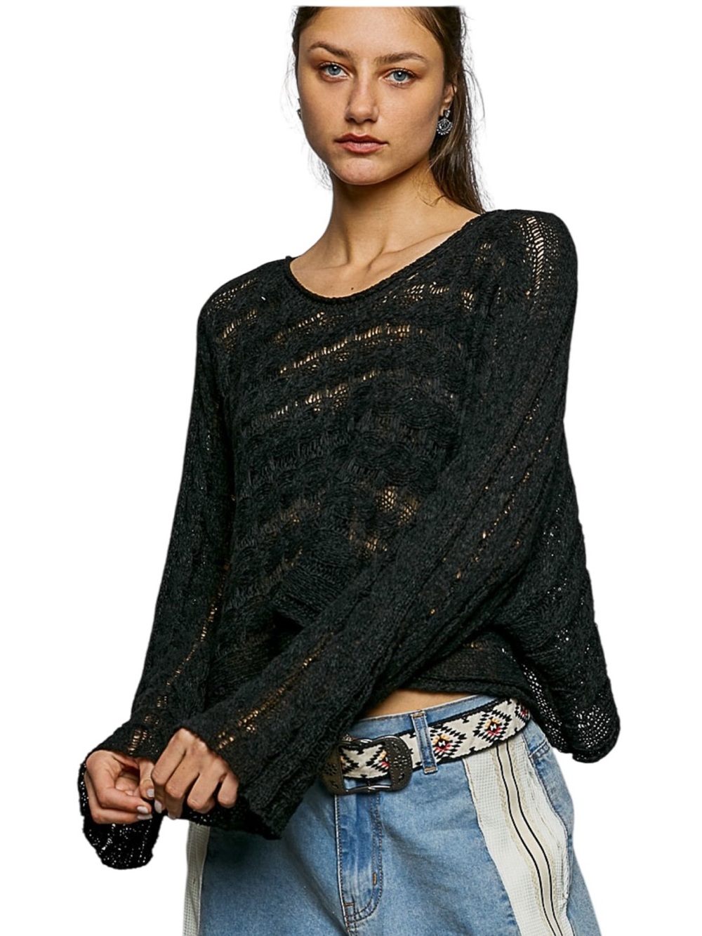 POL Black Round Neck Bell Sleeve Knit Top